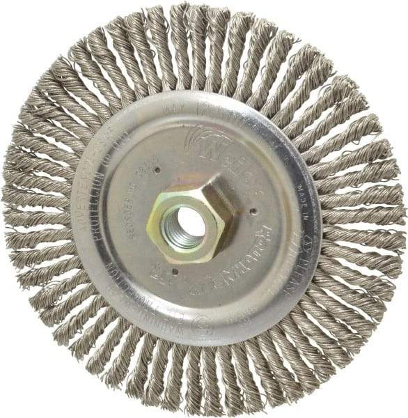 Weiler - 6" OD, 5/8-11 Arbor Hole, Knotted Stainless Steel Wheel Brush - 3/16" Face Width, 1-1/8" Trim Length, 0.02" Filament Diam, 12,500 RPM - Exact Tool & Supply