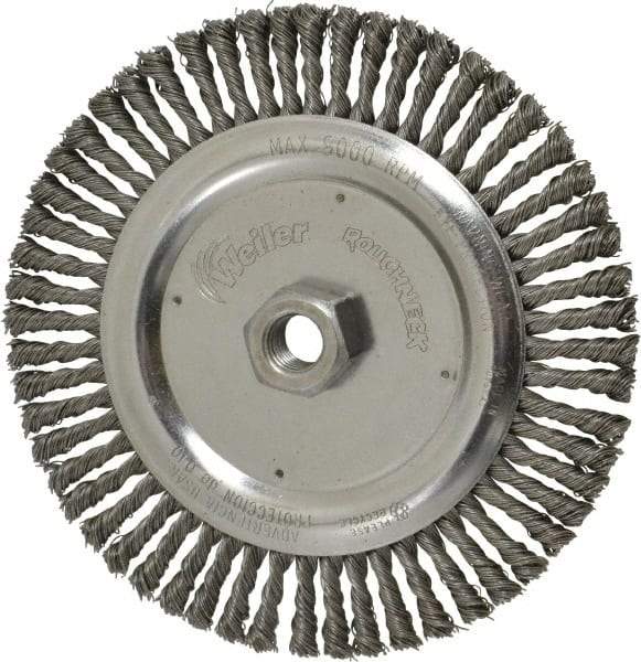Weiler - 6-7/8" OD, 5/8-11 Arbor Hole, Knotted Steel Wheel Brush - 3/16" Face Width, 1-1/8" Trim Length, 0.02" Filament Diam, 9,000 RPM - Exact Tool & Supply