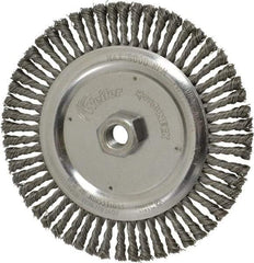 Weiler - 6-7/8" OD, 5/8-11 Arbor Hole, Knotted Steel Wheel Brush - 3/16" Face Width, 1-1/8" Trim Length, 0.02" Filament Diam, 9,000 RPM - Exact Tool & Supply