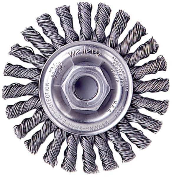 Weiler - 4" OD, 1/2-13 Arbor Hole, Knotted Stainless Steel Wheel Brush - 1/4" Face Width, 0.02" Filament Diam, 20,000 RPM - Exact Tool & Supply