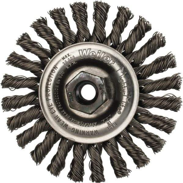 Weiler - 4" OD, M10x1.25 Arbor Hole, Knotted Steel Wheel Brush - 1/4" Face Width, 7/8" Trim Length, 0.02" Filament Diam, 20,000 RPM - Exact Tool & Supply