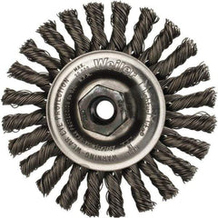 Weiler - 4" OD, M10x1.25 Arbor Hole, Knotted Steel Wheel Brush - 1/4" Face Width, 7/8" Trim Length, 0.02" Filament Diam, 20,000 RPM - Exact Tool & Supply