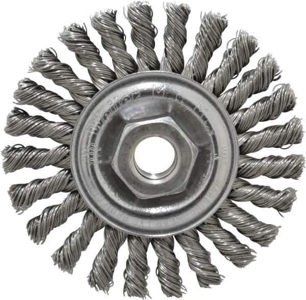 Weiler - 4" OD, 5/8-11 Arbor Hole, Knotted Steel Wheel Brush - 1/4" Face Width, 7/8" Trim Length, 0.02" Filament Diam, 20,000 RPM - Exact Tool & Supply