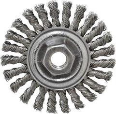 Weiler - 4" OD, 5/8-11 Arbor Hole, Knotted Steel Wheel Brush - 1/4" Face Width, 7/8" Trim Length, 0.02" Filament Diam, 20,000 RPM - Exact Tool & Supply