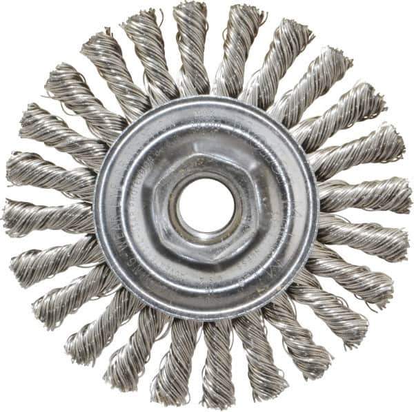 Weiler - 4" OD, 5/8-11 Arbor Hole, Knotted Stainless Steel Wheel Brush - 1/4" Face Width, 7/8" Trim Length, 0.02" Filament Diam, 20,000 RPM - Exact Tool & Supply