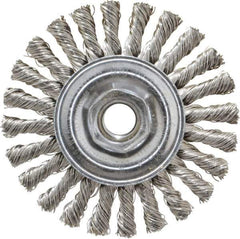 Weiler - 4" OD, 5/8-11 Arbor Hole, Knotted Stainless Steel Wheel Brush - 1/4" Face Width, 7/8" Trim Length, 0.02" Filament Diam, 20,000 RPM - Exact Tool & Supply