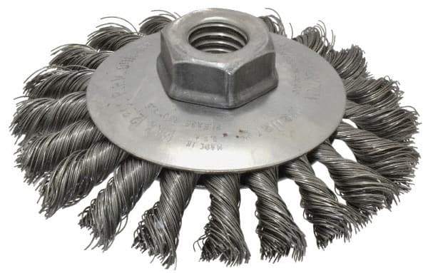 Weiler - 4" OD, 5/8-11 Arbor Hole, Knotted Steel Wheel Brush - 3/8" Face Width, 3/4" Trim Length, 0.014" Filament Diam, 12,500 RPM - Exact Tool & Supply