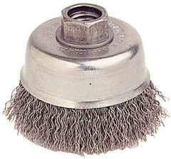 Weiler - 5" Diam, 5/8-11 Threaded Arbor, Stainless Steel Fill Cup Brush - 0.02 Wire Diam, 1-1/4" Trim Length, 8,000 Max RPM - Exact Tool & Supply