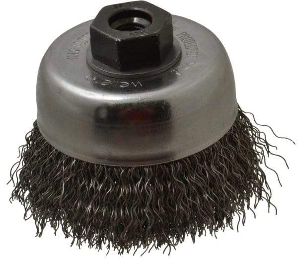 Weiler - 3" Diam, M10x1.25 Threaded Arbor, Steel Fill Cup Brush - 0.014 Wire Diam, 7/8" Trim Length, 14,000 Max RPM - Exact Tool & Supply