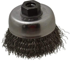 Weiler - 3" Diam, M10x1.25 Threaded Arbor, Steel Fill Cup Brush - 0.014 Wire Diam, 7/8" Trim Length, 14,000 Max RPM - Exact Tool & Supply