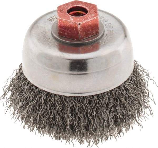 Weiler - 3" Diam, M10x1.50 Threaded Arbor, Steel Fill Cup Brush - 0.014 Wire Diam, 7/8" Trim Length, 14,000 Max RPM - Exact Tool & Supply
