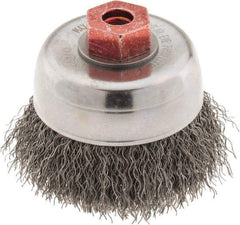 Weiler - 3" Diam, M10x1.50 Threaded Arbor, Steel Fill Cup Brush - 0.014 Wire Diam, 7/8" Trim Length, 14,000 Max RPM - Exact Tool & Supply