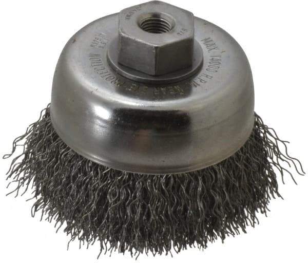 Weiler - 3" Diam, 3/8-24 Threaded Arbor, Steel Fill Cup Brush - 0.014 Wire Diam, 7/8" Trim Length, 14,000 Max RPM - Exact Tool & Supply