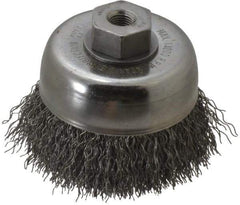 Weiler - 3" Diam, 3/8-24 Threaded Arbor, Steel Fill Cup Brush - 0.014 Wire Diam, 7/8" Trim Length, 14,000 Max RPM - Exact Tool & Supply
