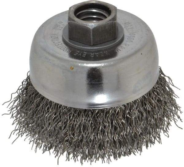 Weiler - 3" Diam, 5/8-11 Threaded Arbor, Steel Fill Cup Brush - 0.014 Wire Diam, 7/8" Trim Length, 14,000 Max RPM - Exact Tool & Supply