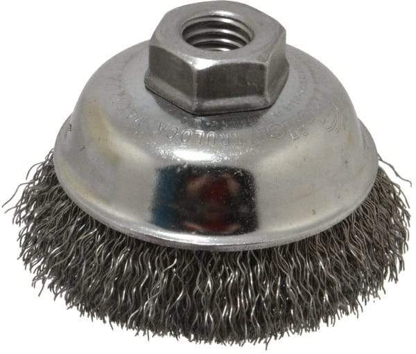 Weiler - 3-1/2" Diam, 5/8-11 Threaded Arbor, Steel Fill Cup Brush - 0.014 Wire Diam, 7/8" Trim Length, 12,000 Max RPM - Exact Tool & Supply
