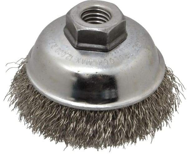 Weiler - 3-1/2" Diam, 5/8-11 Threaded Arbor, Stainless Steel Fill Cup Brush - 0.014 Wire Diam, 7/8" Trim Length, 12,000 Max RPM - Exact Tool & Supply