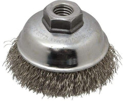 Weiler - 3-1/2" Diam, 5/8-11 Threaded Arbor, Stainless Steel Fill Cup Brush - 0.014 Wire Diam, 7/8" Trim Length, 12,000 Max RPM - Exact Tool & Supply