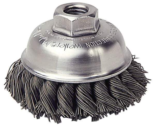 Weiler - 5" Diam, 5/8-11 Threaded Arbor, Steel Fill Cup Brush - 0.023 Wire Diam, 1-3/8" Trim Length, 7,000 Max RPM - Exact Tool & Supply