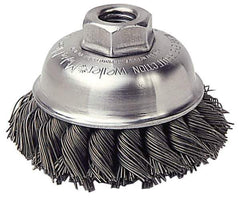 Weiler - 2-3/4" Diam, M10x1.25 Threaded Arbor, Steel Fill Cup Brush - 0.014 Wire Diam, 7/8" Trim Length, 14,000 Max RPM - Exact Tool & Supply