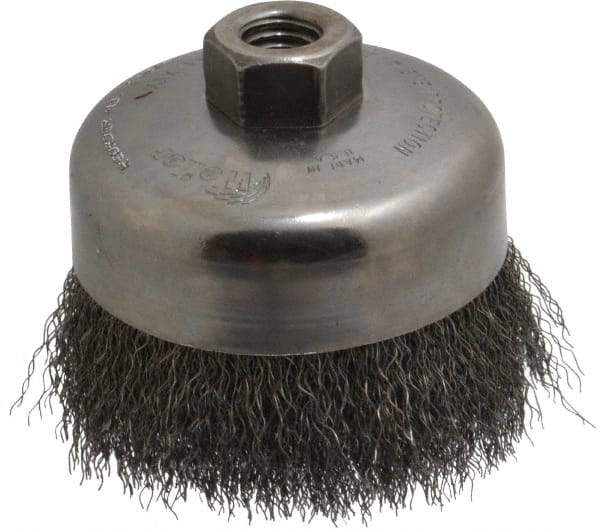 Weiler - 4" Diam, 5/8-11 Threaded Arbor, Steel Fill Cup Brush - 0.0118 Wire Diam, 1-3/8" Trim Length, 9,000 Max RPM - Exact Tool & Supply