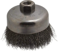 Weiler - 4" Diam, 5/8-11 Threaded Arbor, Steel Fill Cup Brush - 0.0118 Wire Diam, 1-3/8" Trim Length, 9,000 Max RPM - Exact Tool & Supply