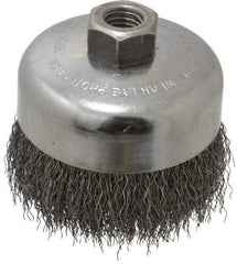 Weiler - 4" Diam, 5/8-11 Threaded Arbor, Steel Fill Cup Brush - 0.014 Wire Diam, 1-3/8" Trim Length, 9,000 Max RPM - Exact Tool & Supply