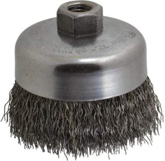 Weiler - 4" Diam, 5/8-11 Threaded Arbor, Steel Fill Cup Brush - 0.02 Wire Diam, 1-3/8" Trim Length, 9,000 Max RPM - Exact Tool & Supply