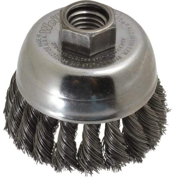 Weiler - 2-3/4" Diam, 5/8-11 Threaded Arbor, Steel Fill Cup Brush - 0.014 Wire Diam, 7/8" Trim Length, 14,000 Max RPM - Exact Tool & Supply