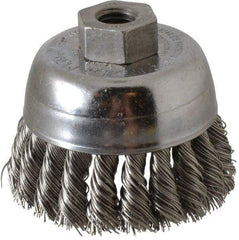 Weiler - 2-3/4" Diam, 1/2-13 Threaded Arbor, Stainless Steel Fill Cup Brush - 0.02 Wire Diam, 7/8" Trim Length, 14,000 Max RPM - Exact Tool & Supply