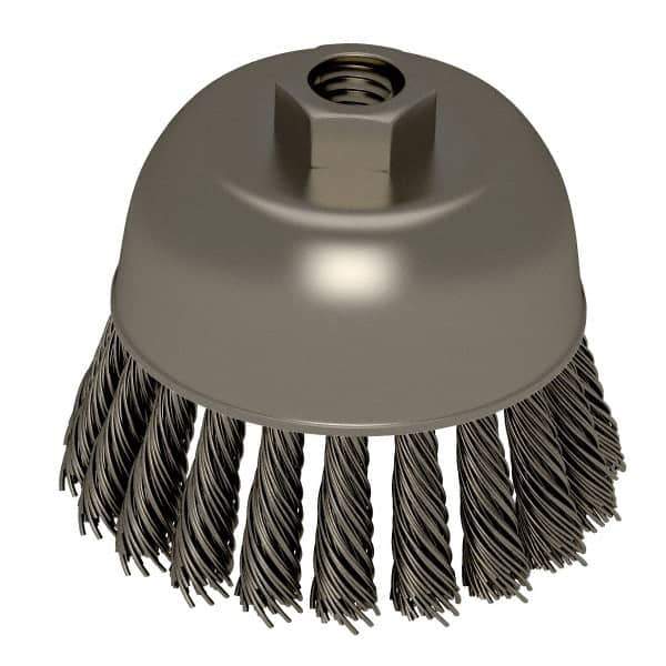 Weiler - 2-3/4" Diam, 5/8-11 Threaded Arbor, Stainless Steel Fill Cup Brush - 0.02 Wire Diam, 7/8" Trim Length, 14,000 Max RPM - Exact Tool & Supply
