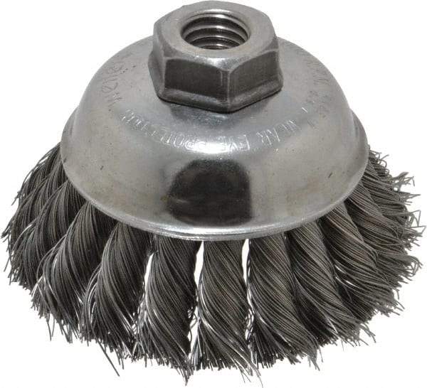 Weiler - 3-1/2" Diam, 5/8-11 Threaded Arbor, Steel Fill Cup Brush - 0.014 Wire Diam, 1-1/4" Trim Length, 9,000 Max RPM - Exact Tool & Supply
