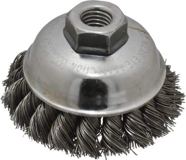 Weiler - 3-1/2" Diam, 5/8-11 Threaded Arbor, Steel Fill Cup Brush - 0.023 Wire Diam, 7/8" Trim Length, 13,000 Max RPM - Exact Tool & Supply