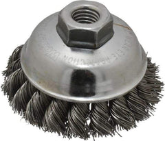 Weiler - 3-1/2" Diam, 5/8-11 Threaded Arbor, Steel Fill Cup Brush - 0.023 Wire Diam, 7/8" Trim Length, 13,000 Max RPM - Exact Tool & Supply