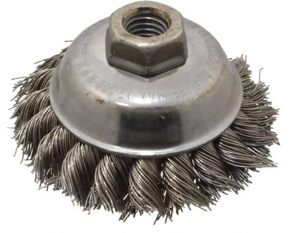 Weiler - 3-1/2" Diam, 5/8-11 Threaded Arbor, Stainless Steel Fill Cup Brush - 0.023 Wire Diam, 7/8" Trim Length, 13,000 Max RPM - Exact Tool & Supply