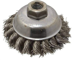 Weiler - 3-1/2" Diam, 5/8-11 Threaded Arbor, Stainless Steel Fill Cup Brush - 0.023 Wire Diam, 7/8" Trim Length, 13,000 Max RPM - Exact Tool & Supply