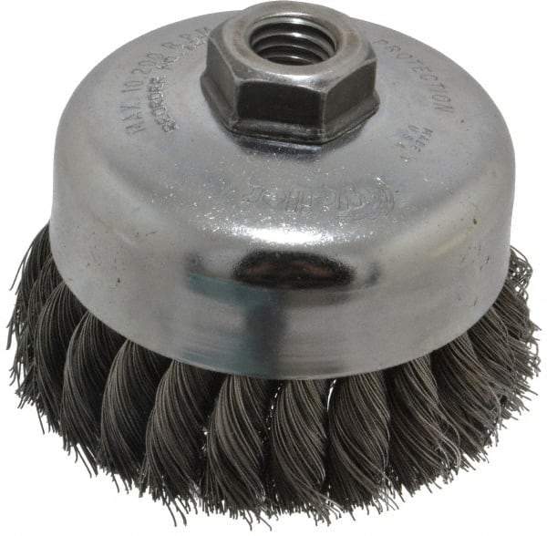 Weiler - 4" Diam, 5/8-11 Threaded Arbor, Steel Fill Cup Brush - 0.014 Wire Diam, 1-1/4" Trim Length, 9,000 Max RPM - Exact Tool & Supply