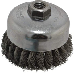 Weiler - 4" Diam, 5/8-11 Threaded Arbor, Steel Fill Cup Brush - 0.014 Wire Diam, 1-1/4" Trim Length, 9,000 Max RPM - Exact Tool & Supply
