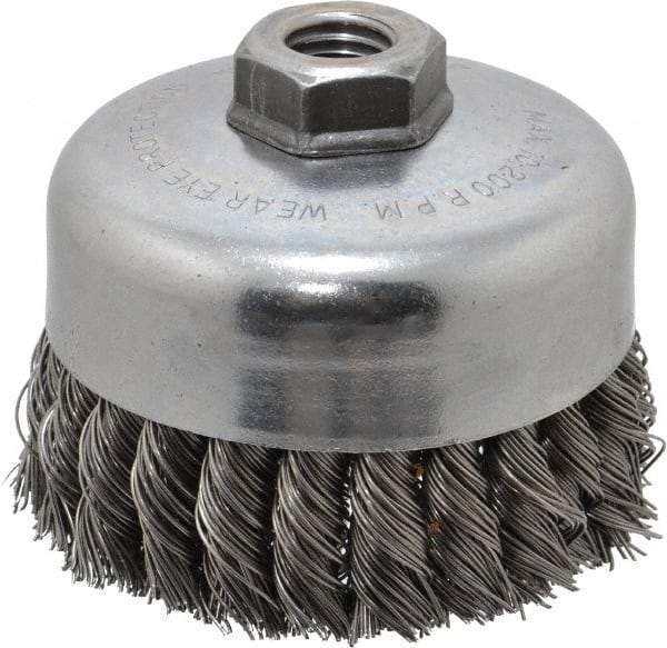 Weiler - 4" Diam, 5/8-11 Threaded Arbor, Steel Fill Cup Brush - 0.023 Wire Diam, 1-1/4" Trim Length, 9,000 Max RPM - Exact Tool & Supply