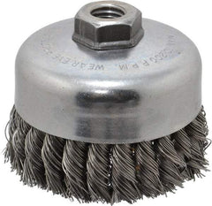 Weiler - 4" Diam, 5/8-11 Threaded Arbor, Steel Fill Cup Brush - 0.023 Wire Diam, 1-1/4" Trim Length, 9,000 Max RPM - Exact Tool & Supply