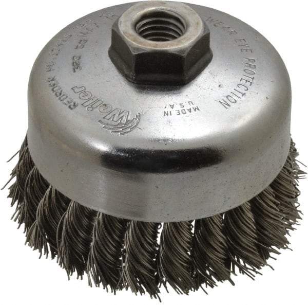 Weiler - 4" Diam, 5/8-11 Threaded Arbor, Stainless Steel Fill Cup Brush - 0.023 Wire Diam, 1-1/4" Trim Length, 9,000 Max RPM - Exact Tool & Supply