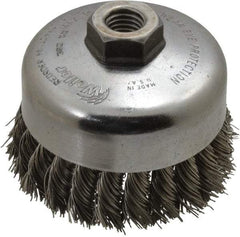 Weiler - 4" Diam, 5/8-11 Threaded Arbor, Stainless Steel Fill Cup Brush - 0.023 Wire Diam, 1-1/4" Trim Length, 9,000 Max RPM - Exact Tool & Supply