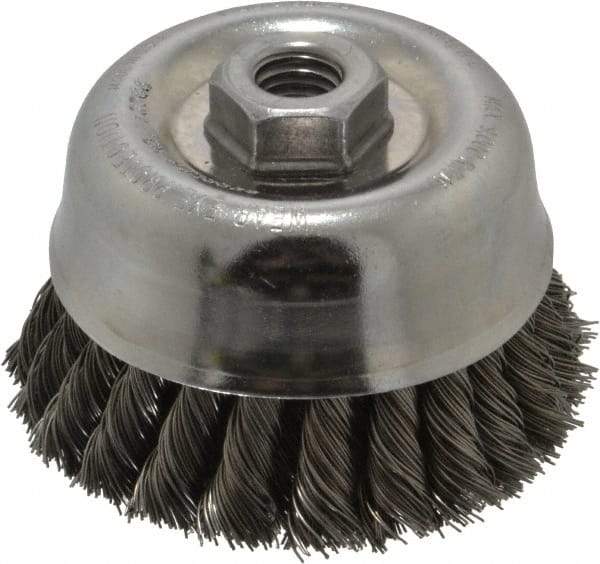 Weiler - 4" Diam, 5/8-11 Threaded Arbor, Steel Fill Cup Brush - 0.02 Wire Diam, 1-3/8" Trim Length, 9,000 Max RPM - Exact Tool & Supply