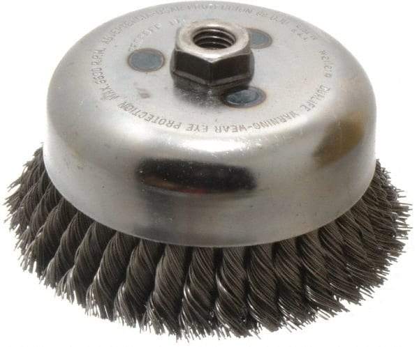 Weiler - 6" Diam, 5/8-11 Threaded Arbor, Steel Fill Cup Brush - 0.023 Wire Diam, 1-3/8" Trim Length, 6,600 Max RPM - Exact Tool & Supply