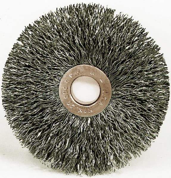 Weiler - 15" OD, 1-1/4" Arbor Hole, Crimped Steel Wheel Brush - 3/4" Face Width, 4-7/16" Trim Length, 0.014" Filament Diam, 3,000 RPM - Exact Tool & Supply