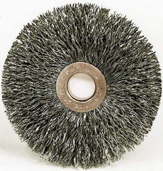 Weiler - 15" OD, 1-1/4" Arbor Hole, Crimped Steel Wheel Brush - 3/4" Face Width, 4-7/16" Trim Length, 0.014" Filament Diam, 3,000 RPM - Exact Tool & Supply