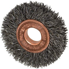Weiler - 1-1/2" OD, 3/8" Arbor Hole, Crimped Steel Wheel Brush - 1/4" Face Width, 7/16" Trim Length, 0.0104" Filament Diam, 20,000 RPM - Exact Tool & Supply