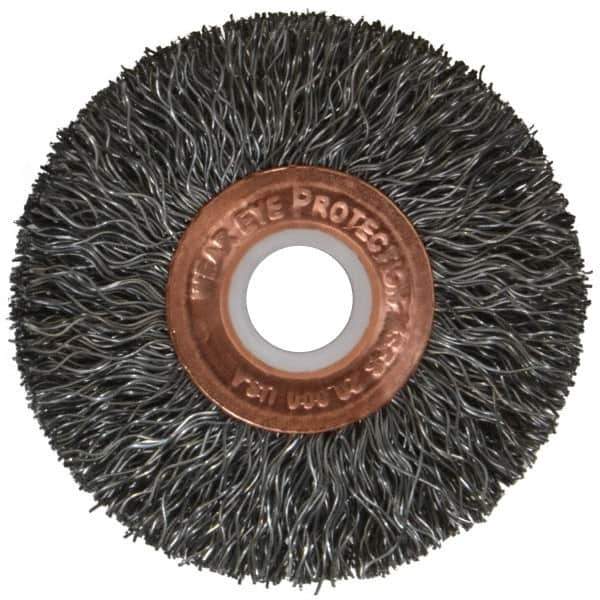 Weiler - 2" OD, 1/2" Arbor Hole, Crimped Steel Wheel Brush - 3/8" Face Width, 1/2" Trim Length, 0.0118" Filament Diam, 20,000 RPM - Exact Tool & Supply