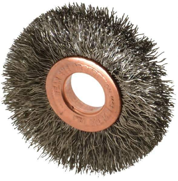 Weiler - 2" OD, 1/2" Arbor Hole, Crimped Stainless Steel Wheel Brush - 3/8" Face Width, 1/2" Trim Length, 0.0104" Filament Diam, 20,000 RPM - Exact Tool & Supply