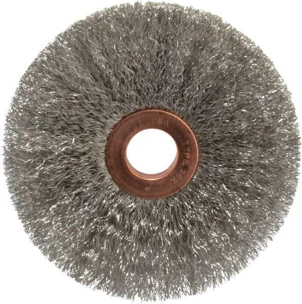 Weiler - 3" OD, 1/2" Arbor Hole, Crimped Stainless Steel Wheel Brush - 5/8" Face Width, 1" Trim Length, 0.006" Filament Diam, 20,000 RPM - Exact Tool & Supply